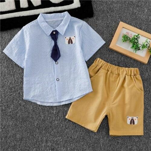New Summer Baby Boy Clothes Sets Kids Clothes 2pcs Sets Plaid Cute Bear Short Sleeve Shirt+short Pants School Baby Clothes 0-4Y