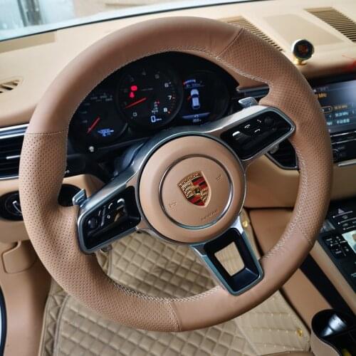 All Brown Leather & Hole Leather Steering Wheel Brown Stitch on Wrap Cover Fit For Porsche Macan Cayenne 2015-2016