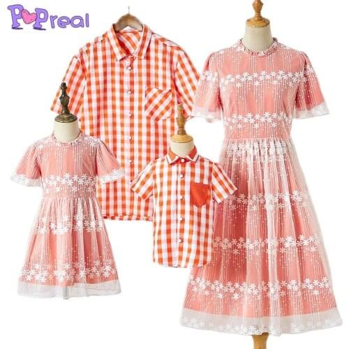 PopReal Summer Embroidery Mesh Stitching Plaid Mother Daughter Dress Father Son Shirt Matching Clothes Family Mother Son Outfit