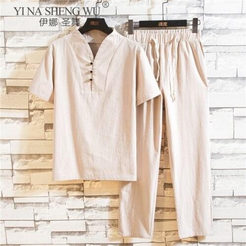 Summer Fashion Men Shirt Man Cotton And Linen Shirts Short Sleeve Mens Casual Shirts Men Shirt+Trousers Set Plus Size M To 5XL