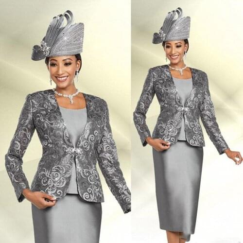 Silver Mother Of The Bride Dresses Three Pieces Jacket Long Sleeve Mother Of The Bride Lace Sequins Plus Size Prom Dress Party W