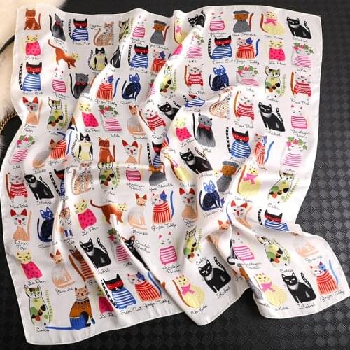 2020 Luxury Brand Silk Square Scarf Women Cat Print Office Hair Neck Tie Retro Ladies Beach Hijab Head Bandana Foulard Femme New