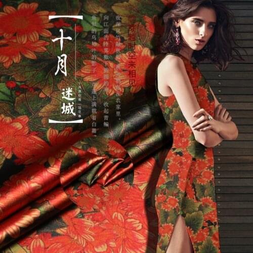PRINTED SILK STRETCH SATIN 118cm width 19momme 100% Silk Chinese Flower Design Red Fabric