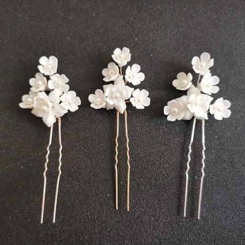 SLBRIDAL Handmade Ceram Flower Pearls Bridal Hair Pin Wedding Hair Sticker Hair Accessories Bridesmaids Women Jewelry