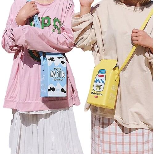 Cross-Body Bag Women Leather Pack Cartoon Milk Box Adjustable Shoulder Strap Magnetic Buckle Waterproof Pack