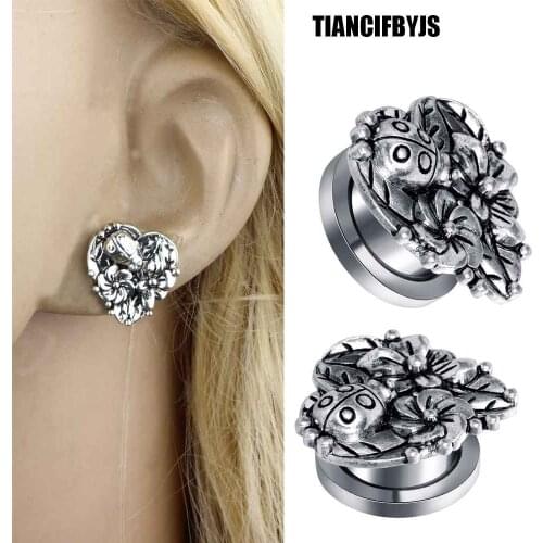 TIANCIFBYJS Punk Ear plugs Stainless Steel Heart Screw Ear Gauges Earring Flesh Tunnel Expanders Stretcher Piercing Kit Drop