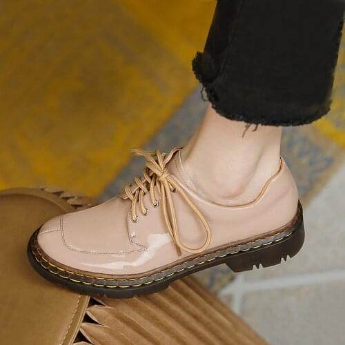 British style genuine leather round toe 4cm med heels handmade sewing lace up fashion shallow slip on women shoes MUC24 MUYISEXI