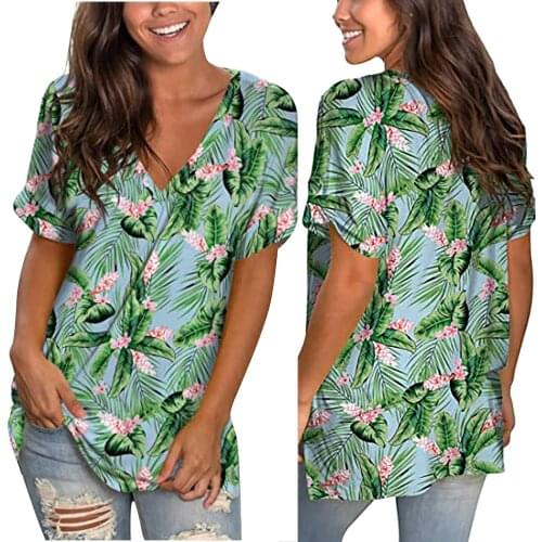2021 SummerWomen Loose Style T-shirt Printed Pattern Deep V-neck Short Sleeve Tops For Swimming Beaches Seaside Holidays