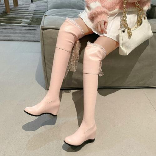 Sianie Tianie PU Pink White Over-the-knee Booties Womens Thigh High Hidden Height Increase Heels Woman Overknees Stretch Boots