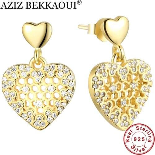 AZIZ BEKKAOUI Luxury Gold Color 925 Sterling Silver Heart Stud Earrings for Women Crystal Earrings for Girl Engagement Jewelry