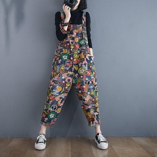2021 Spring Autumn New Cartoon Print Strap Jeans Womens Casual Denim Jumpsuit Trousers Loose Plus Size Harem Pants Female H1523