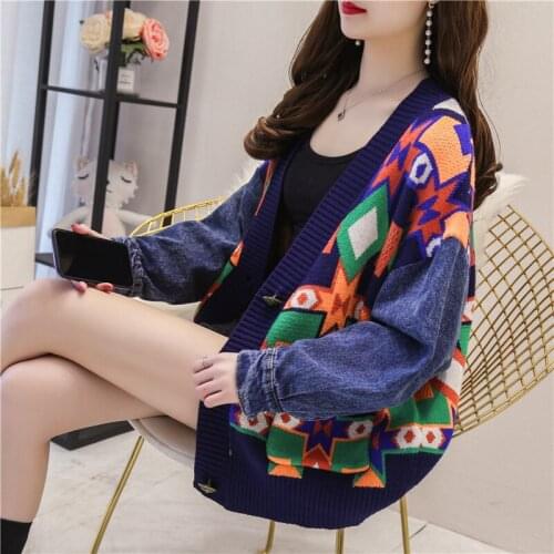 Women Patchwork Knitted Sweater And Cardigans Full Sleeve Korean Fashion Lady Coat 2019 Autumn New Coat