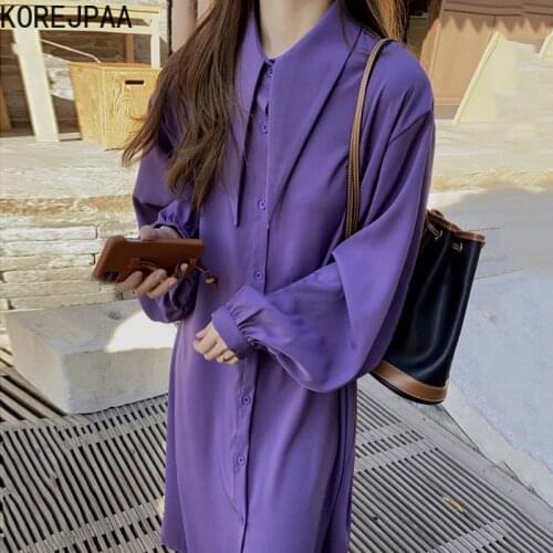 Korejpaa Women Dress 2021 Korean Fashion Chic Violet Pointed Neck Single Breasted Casual Loose Lantern Sleeves Shirt Dresses