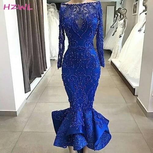 Royal Blue Beaded Evening Dresses Off Shoulder Long Sleeves Sheer Neck Mermaid Prom Dress Tea Length Women Party Vestidos