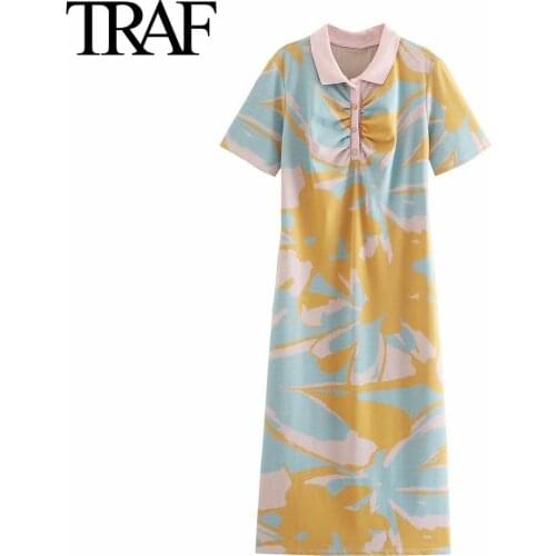 Traf Za Women Fashion Vintage Jacquard Knit Dress Summer 2021 New Short Sleeve French Elegant MIDI Dress Vestido Feminino