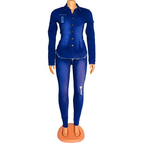 2021 Clothing New Fashion Popite Denim WomenS Fashion Denim Suit Temperament Wash White Hole Two-Piece Set Women