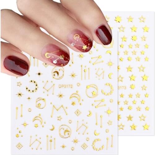 3D Moon Stars Golden Adhesive Nail Stickers Starry Sky Galaxy Planet Geometry Heart Decoration Nails Art Decals BEDP3169-3180-1