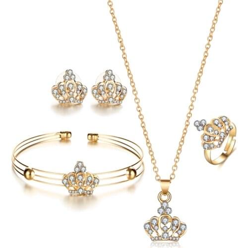 4 Pcs/set Gold Crown Bridal Jewelry Set For Women Hollow Flower Necklace/Earrings/Ring/Bracelet Crystal Jewelry Set For Femme