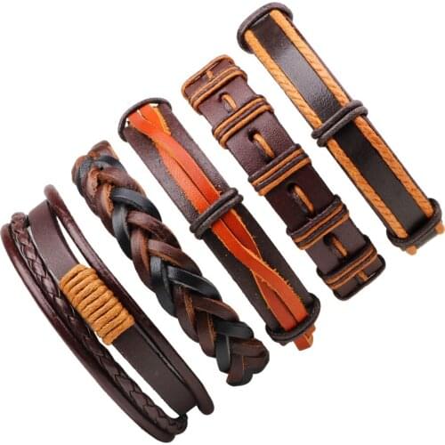 5pcs/set Hippie Punk Black Dark Brown Leather Band Wax Cord Rope X Knots Layers Stackable Resizable Bracelets Set for Man