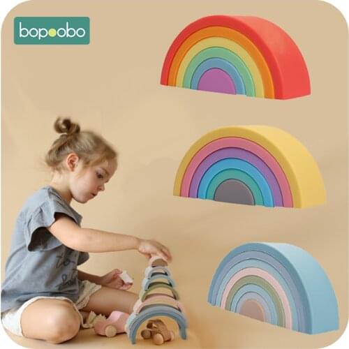 Bopoobo Baby Teether 6PCS/8PCS Food Grade Silicone Rainbow Jenga Baby Educational Toy Set Kids DIY Build Creative Growth Gift