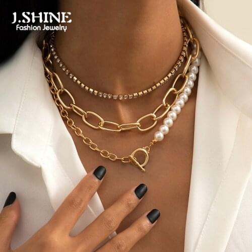 JShine 3Pcs/Set Simulated Pearl Lock Tennis Chain Necklace Women Layered Vintage Cuban Curb OT Bar Pendant Choker Jewelry