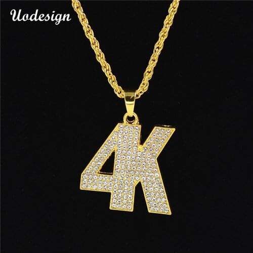 Uodesign Hip Hop 4K Letter Pendant Chain Necklaces Gold Color Full Iced Out Rhinestone Women Men Jewelry Christmas Gifts