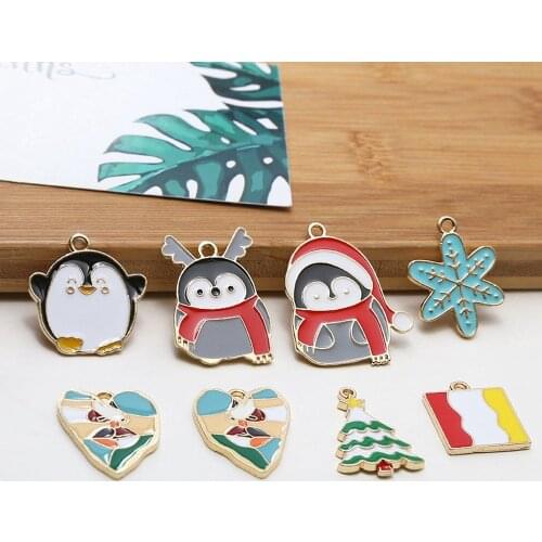 Zinc Alloy Enamel Charms Cartoon Christmas Tree Penguin Snowflake Charms 10pcs/lot For DIY Jewelry Making Finding Accessories