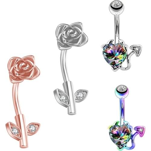 1Pc 2021 Devil Heart Belly Button Rings Piercing Jewellery New Surgical Steel Navel Barbells Iridescent CZ Body Piercing