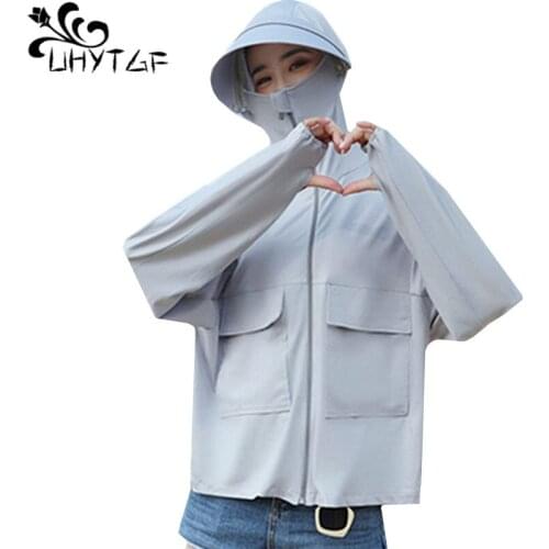 UHYTGF Hooded summer jacket 2020 cape type sun protection clothing elegant women thin tops Anti-UV breathable plus size coat 864