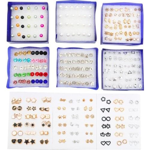 Multi-style Flower Star Simple Crystal Stud Earrings Set For Women Girls Geometric Plastic Small Earring Party Piercing Jewelry