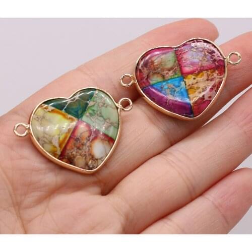 Natural Semi-precious Stone Pendant Gilded Edge Heart Connector Emperor Stone 35x42mm for Jewelry Making Necklaces Gift