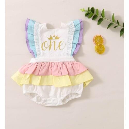 New Baby Girl Birthday Cotton Romper Ruffle Sleeveless Golden Letter Crown Print Open Back Bow Fluffy Jumpsuit