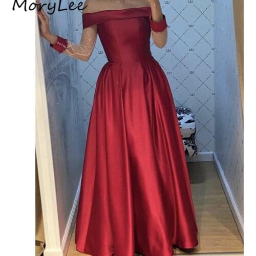 Prom Dresses Red Boat Neck Long Sleeves A-Line High Quality Satin Pleated Prom Dresses Zipper Back vestidos de fiesta de noche