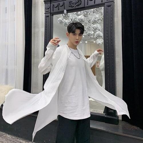 Men New Stand Collar Long Sleeve Casual Linen Shirt Male Streetwear Long Style Cardigan Black White Shirts