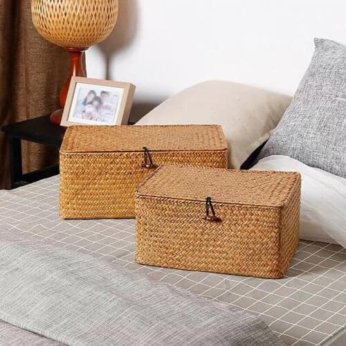 Hand-Woven Storage Basket With Lid Storage Container Food Cosmetics Box Straw Bread Fruit Box Sundries Sorting