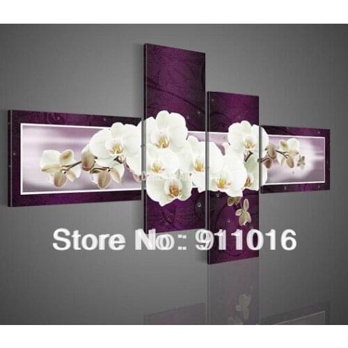 Handmade 4 Piece Purple Modern Decorative Oil Painting On Canvas Wall Art Butterfly Orchid Flower Picture For Living Room