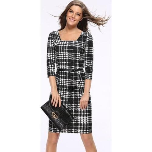 Spring Summer Womens Fashion Dress 3S2498 Free Shipping Cheap Plaid Square Collar Three Quarter Sleeve Pencil Dress