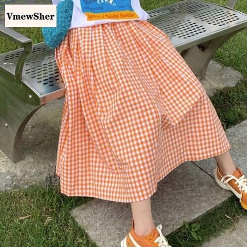 VmewSher New Spring Orange Plaid Women Skirts Mid-calf Long High Waist Pleated Summer Black Harajuku Sweet Skirt Student Fashion