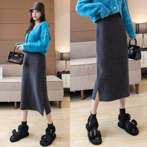 2021 Autumn Winter Womens Skirt Gray Split Knit Medium Length High Waist A-line Skirt Hip Wrap Wool Skirt Girls Commute