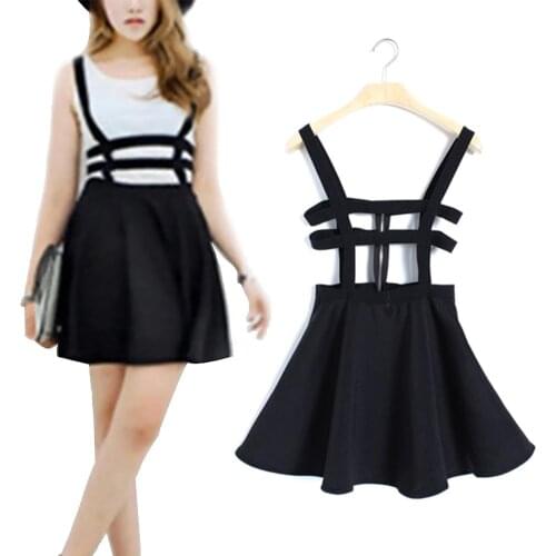 2020 Women Hollow Out Back Zipper Suspender Bandage Skater Braces A-Line Mini Skirt