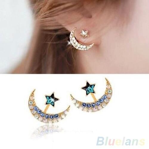 Womens Moon Pentacle Star Crystal Rhinestone Huggie Dangle Party Stud Earrings 4XCO