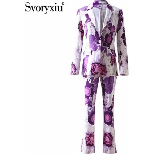 Svoryxiu Runway Designer Autumn Elegance Two Piece Set Womens Purple Flower Print Single Button Blazer + Pants Fashion Suit