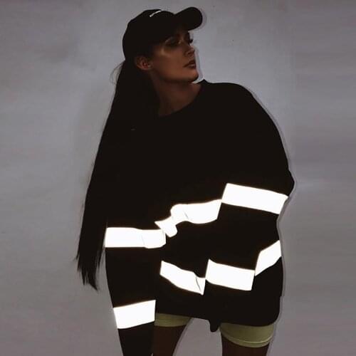 2019 Autumn Winter Fashion Reflective Striped Patchwork Loose Casual Pullovers Womens Oversized Hip Hop Sweatshirt Mujer Hoodies