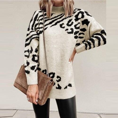 2021 Autumn Winter Leopard Print Warm Knitted Sweater Elegant High Neck Office Lady Top Pullover Women Long Sleeve Sexy Jumper