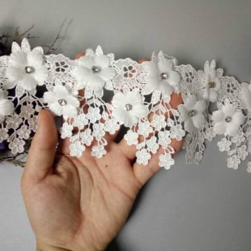 2 Yard White 9cm Pearl 3D Flower Tassel Lace Trim Ribbon Fabric Embroidered Applique Sewing Craft Wedding Dress Clothes New