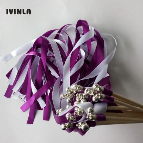 50pcs/lot Purple & white wedding ribbon wands With sliver Bells for wedding party