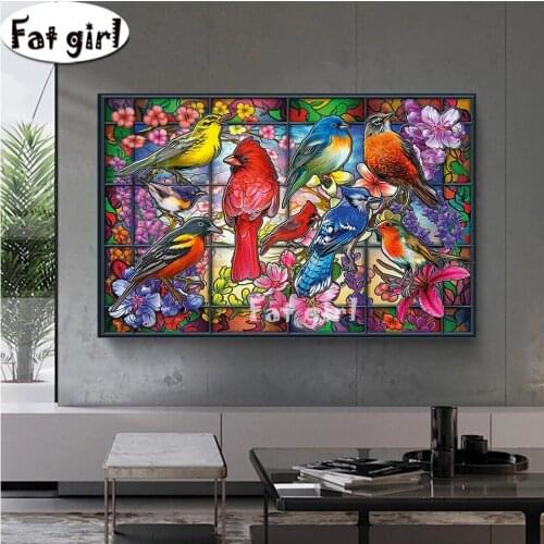 “Stained Glass Songbirds” 5D Diy Diamond Painting Nature Landscape Diamond Embroidery Mosaic Animals Flower Wall Art Decor Gift