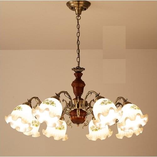 Antique Bronze Chandeliers Light Fixture Retro Wood Metal Alloy Lamps Home Pendant Lighting E27 LED 110-240V Glass Lampshade D99