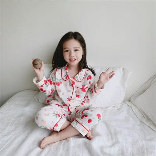 2019 Autumn Girls Pajama Set Strawberry Print Lapel Long Sleeve Shirt Pants Kids Nightwear 2 3 4 5 6 7 Years Baby Girl Sleepwear