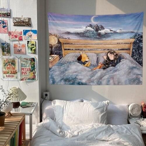 Forest Illustration Background Cloth Hand-painted Cartoon Room Hanging Decor Bedroom Dormitory Bed Wall Decorative Tapestry